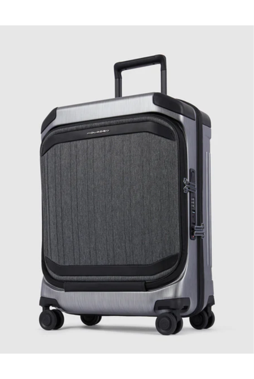 Hand luggage suitcase with outside compartment PQ-Light Piquadro 55cm 4 wheels black/gray brushed
