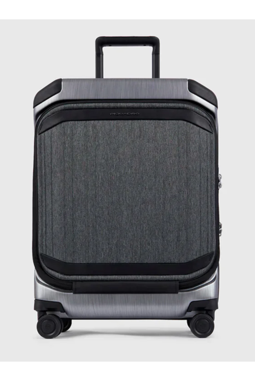 Hand luggage suitcase with outside compartment PQ-Light Piquadro 55cm 4 wheels black/gray brushed