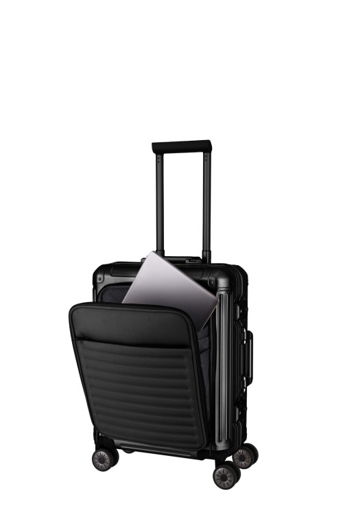 Aluminum suitcases Travelite Next hand luggage front compartment 55 4 wheel black matte